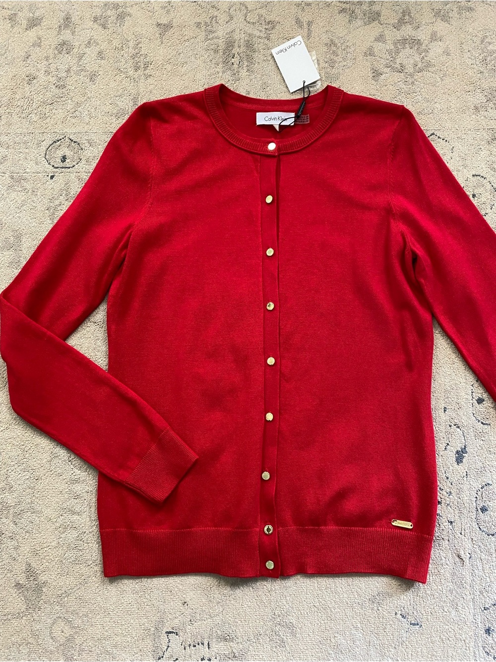 Calvin Klein Cardigan Sweater Small Red Gold Crew Neck